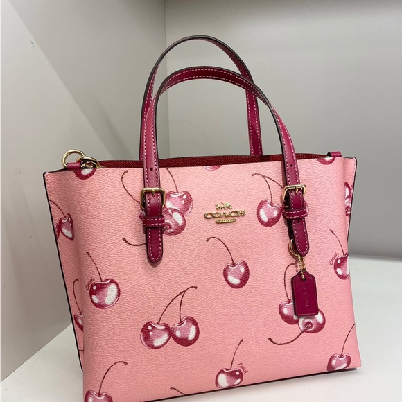 Coach Flower Pink/Bright Violet Mollie Tote Bag 25 With Cherry Print #CR293 - Picture 4 of 7